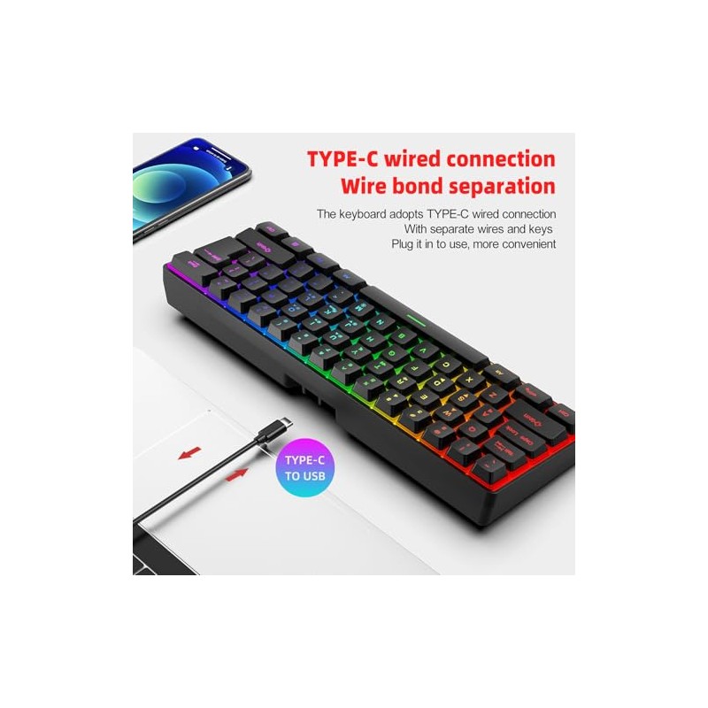 Teclado inalámbrico para Gaming, retroiluminación RGB, 61 Teclas Recargable, 2.4G,