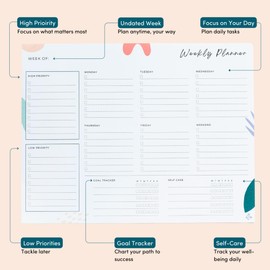 Weekly Planner Pad Tear Off - 52 Undated Weekly Planner, 8.5" x11", Weekly Daily To Do List Notepad, Full Year Productivity Planner, Weekly Desk Planner Notepad, Work Planner (Shapes)