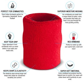 Suddora Arm Sweatbands, Absorbent and Breathable Thick Cotton Bands for Working Out, Gymnastics, Basketball, Tennis, and Football, Multiuse 4-inch Wristbands for Costumes and Cosplay, Red