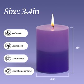 KONNI Purple Layered Pillar Candles Set of 3, 3"x 4" Unscented Pillar Candles Bulk, 39 Hours Long Burning Candles, Smokeless&Dripless Large Round Candle for Wedding, Home Decoration, Parties, Dinner