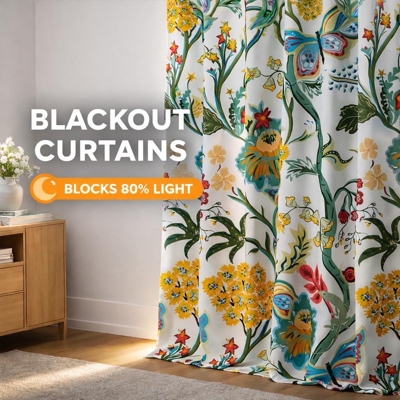 90 Inches Long Butterfly Flower Patterned Curtains Aesthetic Pretty Drapes