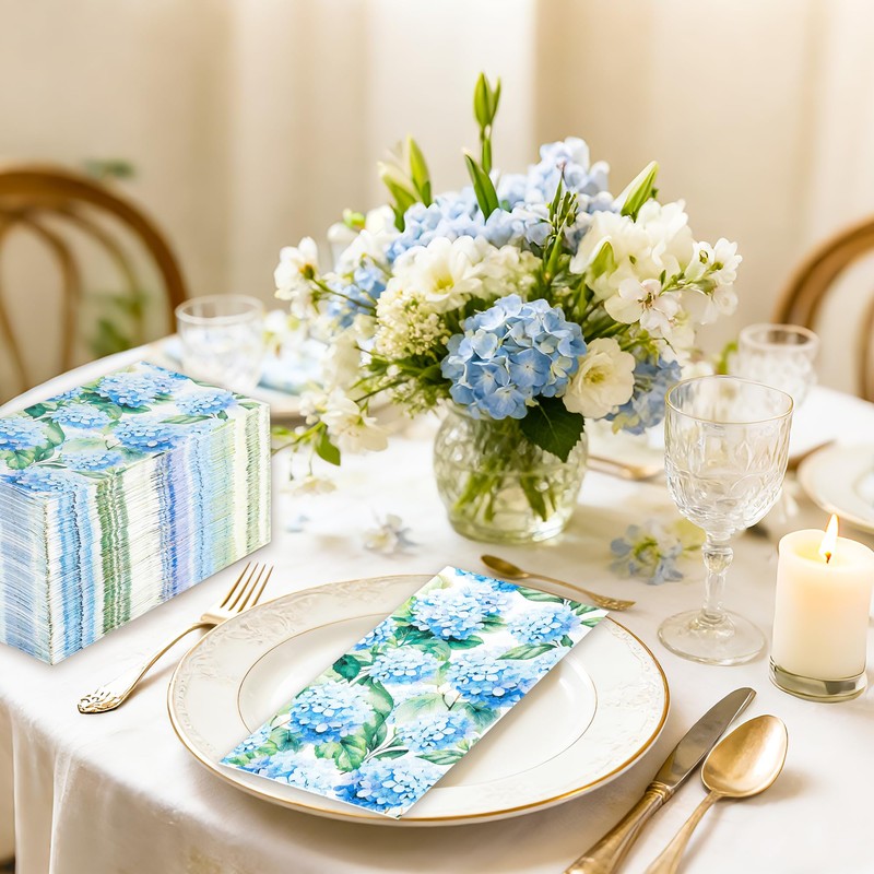 100 Pcs Hydrangea Floral Paper Guest Napkins Blue Flowers Napkin