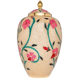 White Cremation Urn with Colorful Flowers - Funeral Urns Human Ashes - Brass Metal - Suitable for Cemetery Burial or Niche - Large Size Fits Remains of Adultsup to 200 lbs - Fleur