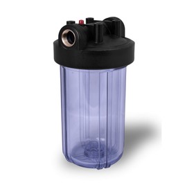 10 x 4.5" Whole House Water Filtration System, Transparent Housing, 1" Inlet/Outlet Brass Ports, Pressure Relief Button, 5 Micron Sediment Filter Cartridge, Meets NSF Standards & Regulations (10")