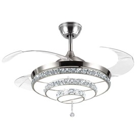 LUOLAX 42" Modern Crystal Invisible Fan Blades Ceiling Fan with Light, Remote Control 3 Color Changes LED Chandelier Fan Lamp for Dinning Room, Bedroom, Living Room Decor (Style 1-Silver)