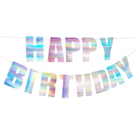 HFZRZFH Holographic Happy Birthday Banner, Rainbow Iridescent Party Decorations for Kids, Adults, Girls, Boys, Hanging Sign (6.69 x 4.33 in)