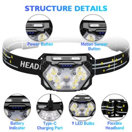 Lsnisni 9 LED Headlamp Rechargeable, 2000 Lumen Super Bright 10 Modes Motion Sensor Head Lamp with White Red Light, Ultralight and Waterproof Headlight Flashlight with USB C Cable for Camping Hiking