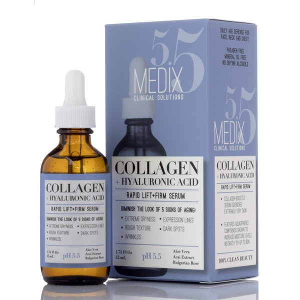 Medix 5.5 Collagen + Hyaluronic Acid Face Serum Skin Care Anti Aging Moisturizer For Skin Tightening, Dark Spots, & Fine Lines. Facial Collagen Booster Helps Smooth & Plump Sagging Skin, 1.75 Fl Oz