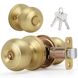 LOQRON Brushed Gold Flat Ball Door Knob with Keys and Lock, Keyed Entry Round Design Doorknob for Front/Entrance Doors, Satin Brass Finish