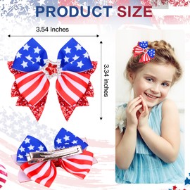 Beleki 4th of July Hair Bow for Girls, 2 Pcs Red White Blue American Flag Hair Bow Clips Patriotic Stars Stripes Hair Clip Sparkly Hair Accessories for Independence Day Fourth of July