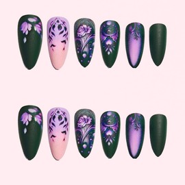 24Pcs Purple Ombre Press on Nails Short Almond Nail Tips,Black Fake Nails Press ons Glossy Glue on Nails Acrylic Nail Art Kit Full Cover Reusable False Nails with Heart Flowers Design for Ma'am