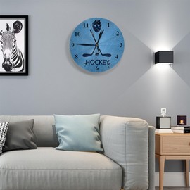 Orythyra Ice Rink Wall Clock Round 10 Inch Battery Operated Hockey Mask Sticks Puck Blue Black Sports Frameless Silent Wooden Clocks Art Decorative Living Room Classroom Bedroom Office