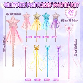 Janinka 24 Pack Glitter Princess Wand Kit for Kids Glitter Magic Dress up Wand Fairy Wand with Ribbon for Birthday Wedding Princess Dress up Role Play Party Supply Favor(Star,Butterfly)