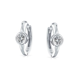 Classic Dainty Round AAA Cubic Zirconia Solitaire Clear CZ Small Hoop Huggie Earrings For Women Teens .925 Sterling Silver