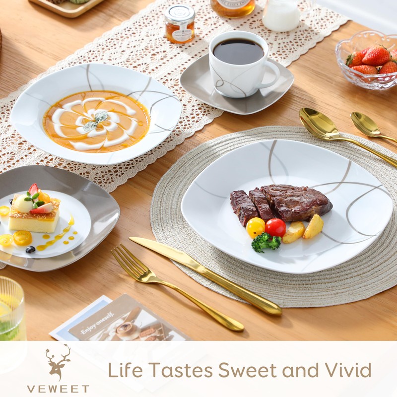 VEWEET 'Nikita' 30-Piece Dinner Set Ivory White Brown Lines Porcelain