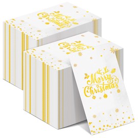 200Pcs Merry Christmas Napkins, White Gold Foil Disposable Paper Napkins, Paper Cocktail Napkins Hand Towels for Christmas Dinner Winter Holiday Party Decorations and Supplies, 7.9 x 4.3 Inch