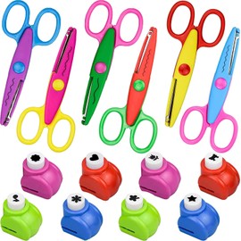 14 Pieces Colorful Creative Kids Craft Scissor Set, Crinkle Scissors and Punch Paper Shaper for Photo DIY Stamp Paper Cutting Best Gift for Kid Children's Day Gift