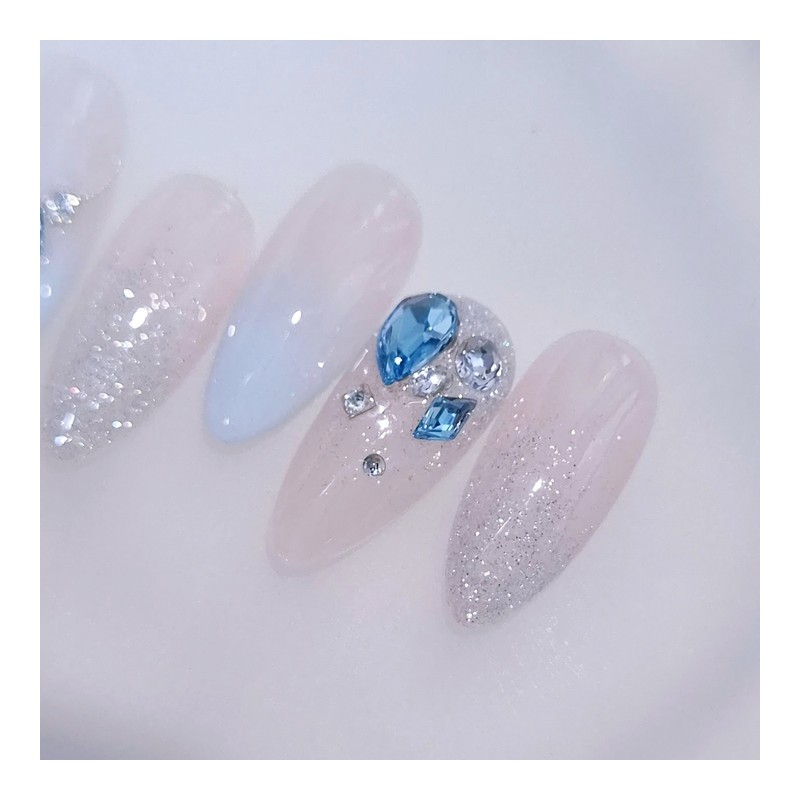 Ice Blue Handmade Nail Tips - Coffin Midi / 아이스블루