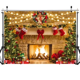 SJOLOON Christmas Backdrop Fireplace Photo Background with Christmas Tree for Theme Party Decoration Studio Props 12804 (94x70in)
