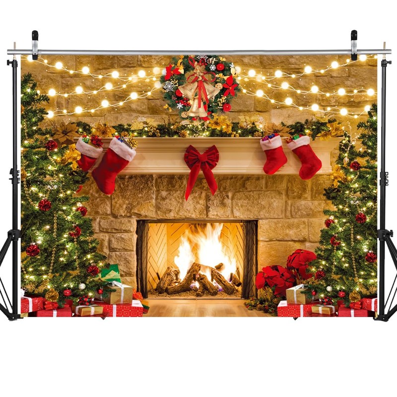 SJOLOON Christmas Backdrop Fireplace Photo Background with Christmas Tree for