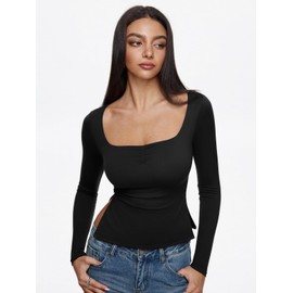 REORIA Long Sleeve Shirts for Women Square Neck Going Out Side Slit Tshirts 2025 Cute Y2k Tees Fall Trendy Tops Black Medium