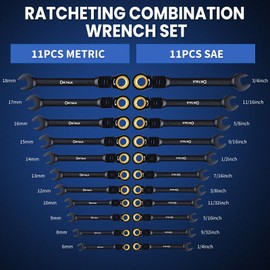 DikTalk 22-Piece Ratcheting Wrench Set with 180° Flex Head & Anti-Slip Design, Metric (6-18mm) and SAE (1/4-3/4") Combination Wrench Set, Professional Grade Chrome Vanadium Steel with Organizer Box