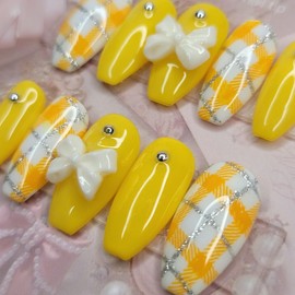 Cozy check handmade nail tips - Coffin Egg / 포근한 체크 수제네일팁 - 코핀에그