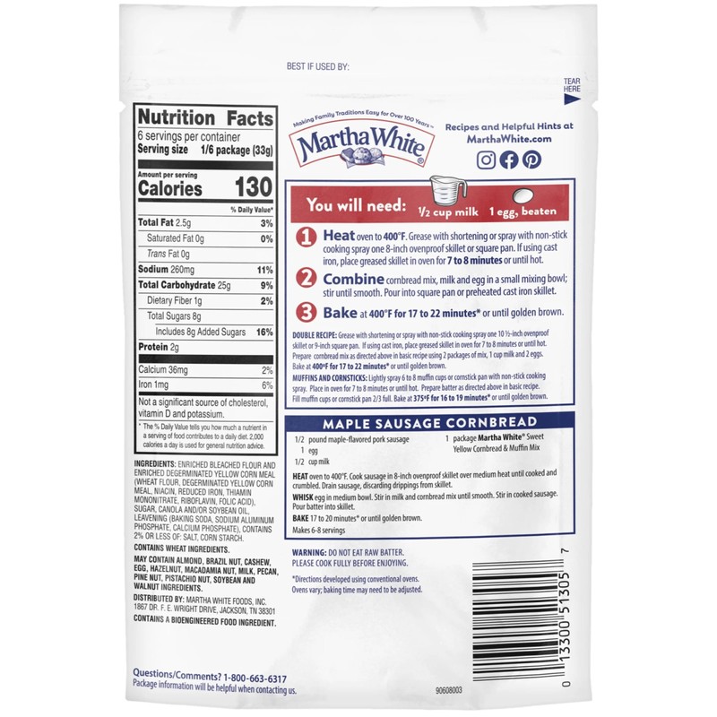 Martha White Sweet Yellow Cornbread and Muffin Mix, 7-Ounce Packages