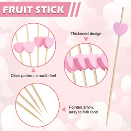 FUGUIR 100 Pcs Pink Heart Cocktail Picks 4.7 Inch Long Fruit Sticks Pink Hearts Toothpicks Bamboo Cocktail Skewers for Wedding Birthday Valentines Day Decoration Party Supplies