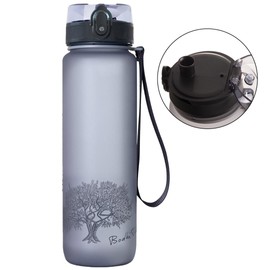 Bodhi Tree Water Bottle 1L, Hygienic Lid with Safety Clip, Lightweight Durable Sports Bottle, 1-Click Opening, Environmentally Friendly, Tasteless, Ideal for Outdoor, Grey