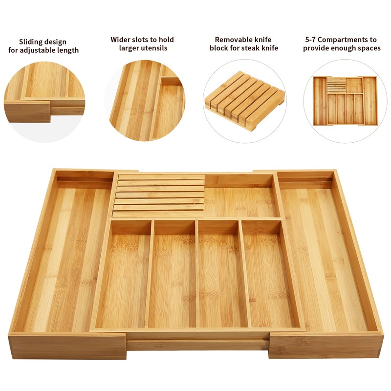 VaeFae Bamboo Silverware Drawer Organizer Kitchen, Expandable Utensil Organizer with
