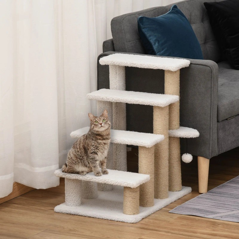 4-Level White Carpeted Wood Eco-Friendly Pet Stairs Cat Tree Climber