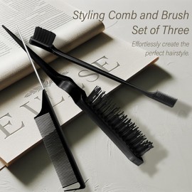 Kootinn 3-Piece Hair Styling Comb Set: Teasing Brush, Rat Tail Comb, Edge Brush for Women's Styling