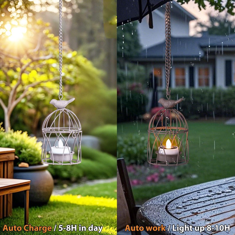 Solar Lanterns Outdoor Waterproof, Rust Iron Cage Candle Holder with