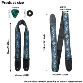 VINPAM Vintage Guitar Strap - Jacquard Embroidery Cotton with Leather Ends for Acoustic, Electric & Bass Guitars, Gibson-Style | inc. Strap Locks, Buttons & 3 Plectrums (Blue)