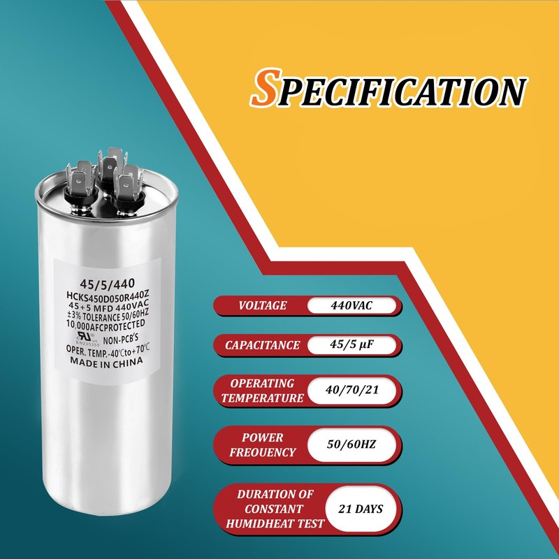 WSRXG HCKS450D050R440Z 45+5 µF/MFD 370/440V AC Round Dual Run Capacitor