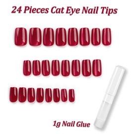 24PCS Red Press on Nails Short - Cat Eye False Nails with Glue - Glossy Glitter Stick on Nails - Strong Glue on Fake Nails Square - Full Cover Nail Tips for Women Winter Christmas