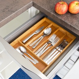 Relaxdays Besteckkasten HxBxT: ca. 4,5 x 25,5 x 34 cm Besteckbox aus Bambus Besteckeinteiler für die Schublade mit 5 Fächern als Besteckeinsatz und Schubladenorganizer Besteckeinlage aus Holz, natur