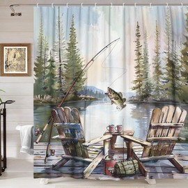 Rustic Fishing Shower Curtain, Country Lodge Cabin Bass Fish Lake Shower Curtain, Funny RV Farmhouse Hunting Camp Forest Nature Art Fisherman Shower Curtain for Bathroom with 12PCS Hooks,70X70IN