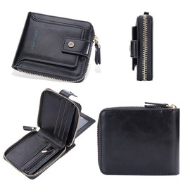 SUMGOGO Bifold Wallet for Men Zipper Small Wallets Leather Pocket Billfold Card holder Coin Purse (Black)