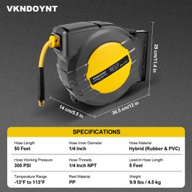 Vkndoynt Retractable Air Hose Reel, 1/4 IN x 50 FT Hybrid Polymer Hose, Auto Rewind, Wall Mount, Dark Gray/Yellow