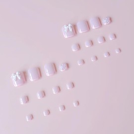 24Pcs French White Press on Toenails Short Square, ZIFANHU Acrylic Nail Kit Fake Toe Nails Press ons 3D Bow Pearl Flowers Nail Tip Glue on Nails Full Cover Nail Art Pink False Nails for Women