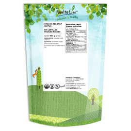 Food to Live Organic Red Split Lentils, 2 Pounds — Non-GMO, Masoor Dal, Dried, Vegan, Kosher, Bulk. No Soaking Required. Source of Dietary Fiber, Vitamin B, Protein. For Soups, Dahl, Spicy Curries.