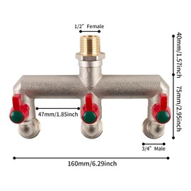Wzzy Gurden Heavy Duty Brass 3 Way Hose Splitter, 1/2" Inlet & 3/4" Outlets, Outdoor Faucet & Garden Hose Splitter with Individual On/Off Valves for Irrigation