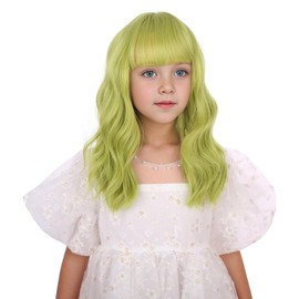Edivd Child Olive Green Wig Short Light Green Wig with Air Bangs for Girls Kids Short Avocado Green Wavy Curly Wig Heat Resistant Synthetic Wig with Wig Cap