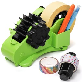 DEAYOU Multi-Roll Heat Tape Dispenser, 1" and 3" Double Reel Cores Sublimation Tape Dispenser for Pre-Cut Heat Transfer Tape, Semi-Automatic Desk Packaging Tape Dispenser with Compartment Slot, Green