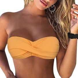 Firpearl Parte superior de bikini sin tirantes para mujer, estilo retro con giro frontal, traje de baño push-up bandeau, Amarillo ámbar, 14