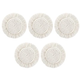 Geieold 5Piece Macrame Handmade Cotton Coasters Woven Coaster for, Boho Coaster Set with Tassels Heat