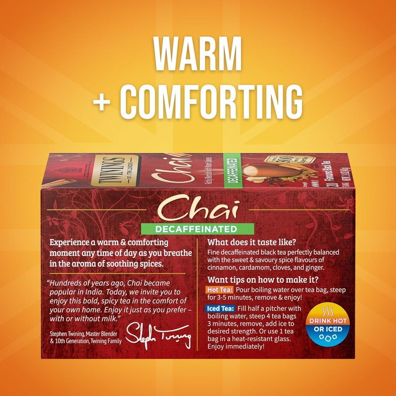 Twinings Decaffeinated Chai Individually Wrapped Bags, 20 Count (Pack of