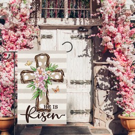 Louise Maelys Easter Cross Garden Flag 12x18 Double Sided Burlap, Small Vertical He is Risen Easter Floral Garden Yard Flags for Religion Easter Spring Outdoor Outside Decoration (ONLY FLAG)